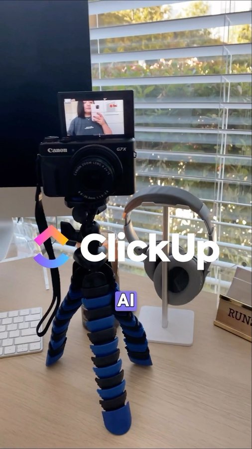 Instagram post by @cafewithmonica for ClickUp. Caption reads: 🎥 From Chaos to Clarity with ClickUp AI! 🚀....