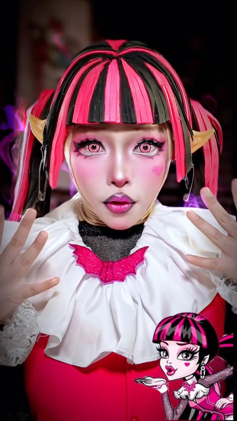 Instagram post by @firna.alisha for Glad2Glow. Caption reads: [...] cosplay Draculaura kali ini 🦇💖 @glad2glow....