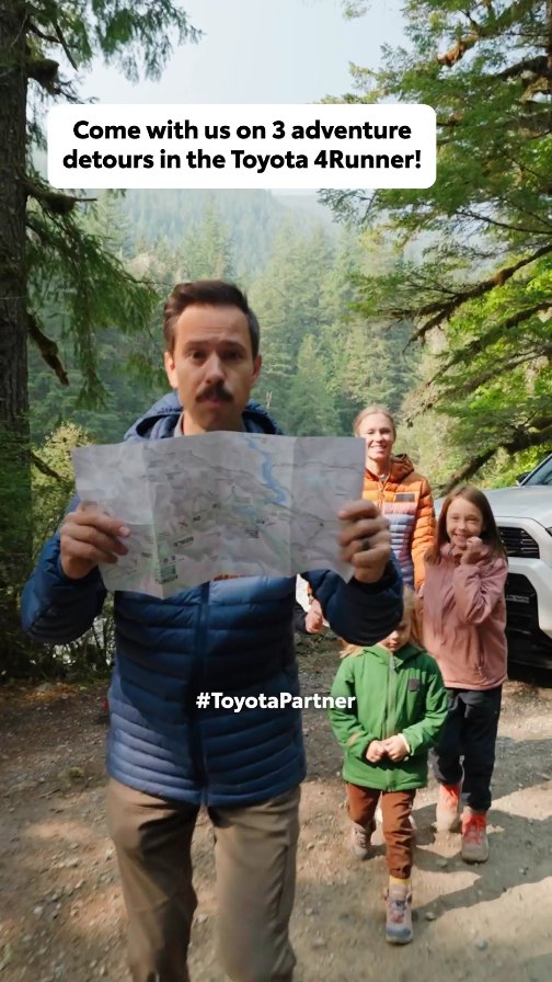 Instagram post by @thewaltonadventure for Toyota USA. Caption reads: Three adventurous detours: a cold plunge, a cliff....