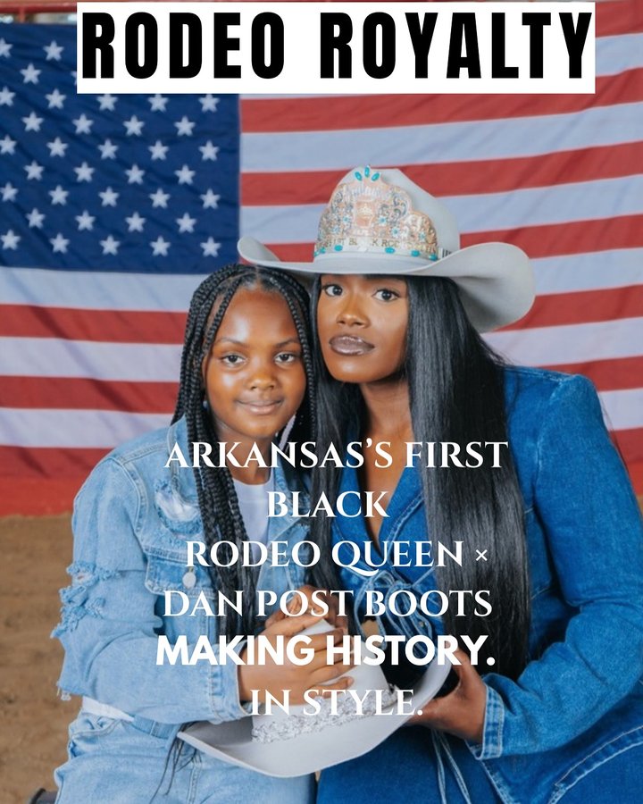Instagram post by @jadayiakursh for Dan Post Boot Company. Caption reads: Arkansas’s First Black Rodeo Queen. Now leading....