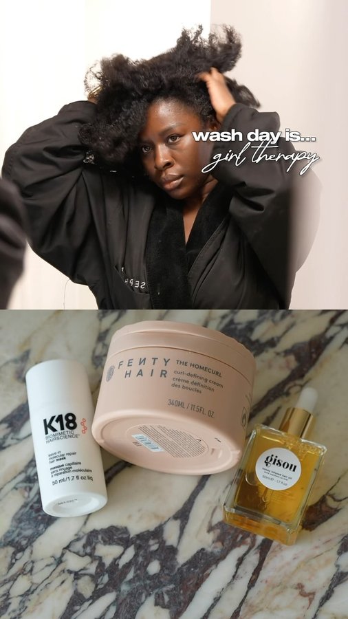 Instagram post by an influencer for Fenty Hair. Caption reads: [...] keeps my curls strong, @fentyhair holds it....