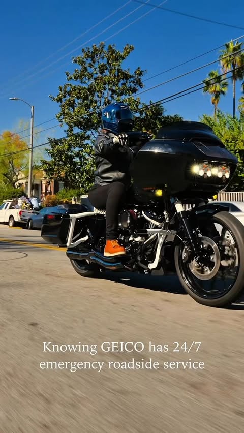 Instagram post by @ms_peachiii for Geico. Caption reads: Winter rides hit different ❄️🏍️ The California....