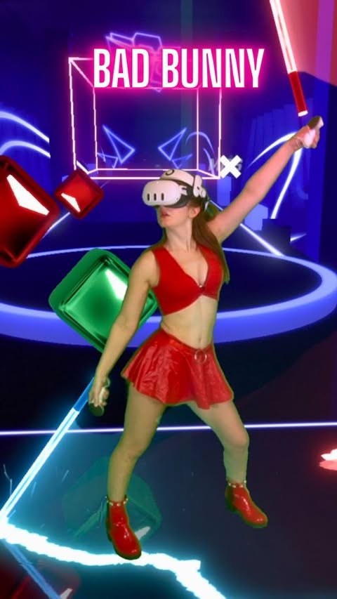 Instagram post by @otter.worldly for Meta Quest. Caption reads: New Bad Bunny map in Beat Saber?! 🐰 Dropped just....