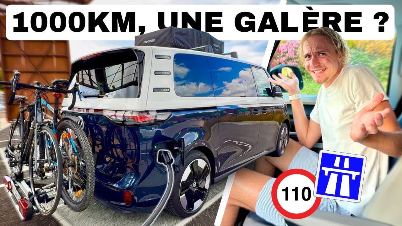 YouTube post by @SimplementJulien for Tesla. Caption reads: VW ID.Buzz roof tent and bike rack: the motorway....