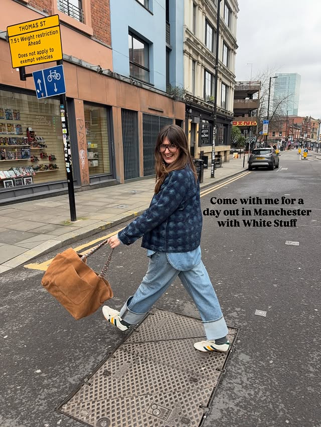 Instagram post by an influencer for White Stuff. Caption reads: [...] denim shirts and jackets. @whitestuffuk have....