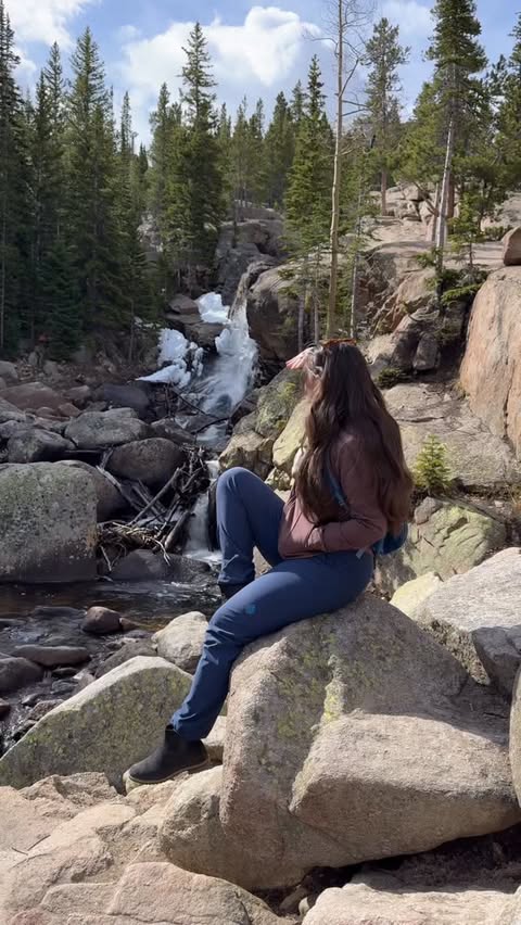 Instagram post by @madisonxtyler for Stio. Caption reads: [...] 📍Alberta Falls Trail 👖Hiking pants: @stio....