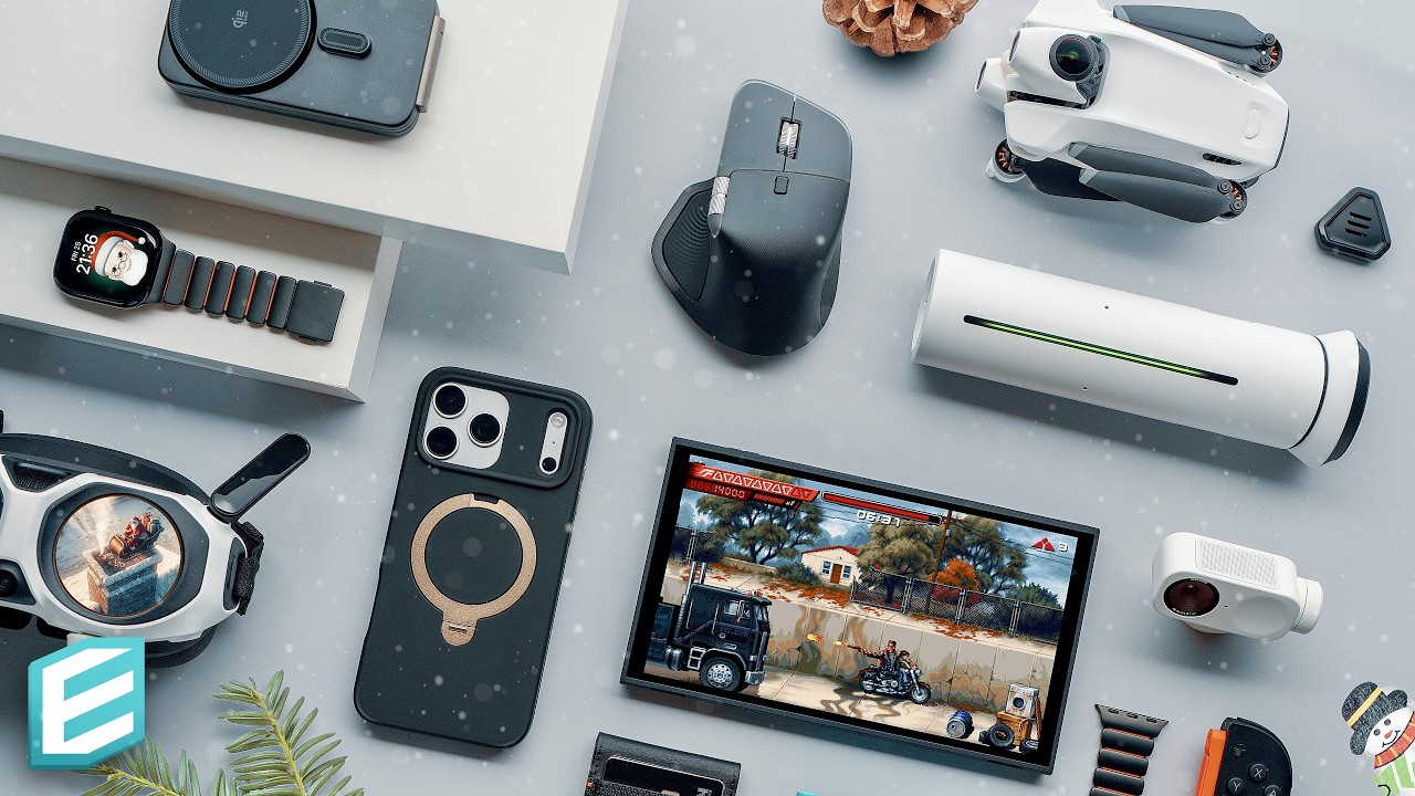 YouTube post by @ThisIsE for CASEKOO. Caption reads: Tech Gifts That Will Steal Christmas.