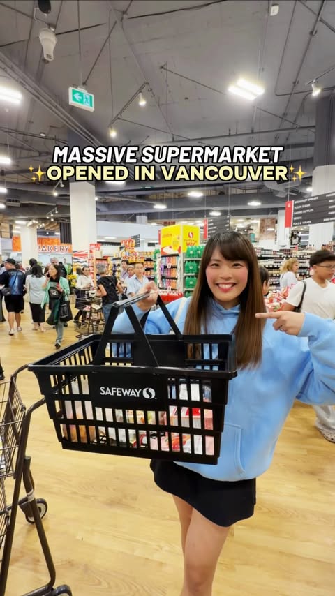 Instagram post by @teawithclairex for Safeway. Caption reads: [...] 2 STOREY SUPERMARKET 👀 大溫全新兩層超市正式登場 ❤️....
