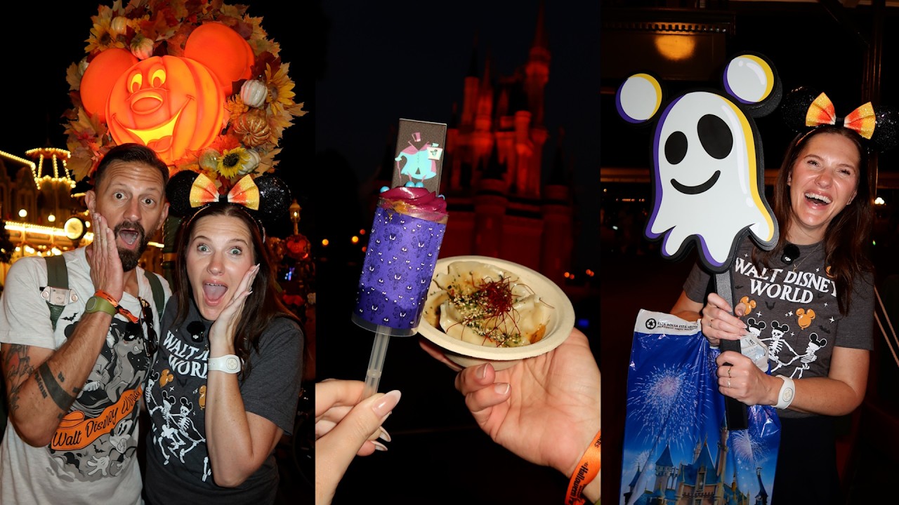 YouTube post by @TheTimTracker for Aura Frames. Caption reads: Mickey's Not So Scary Halloween Party 2026 At....