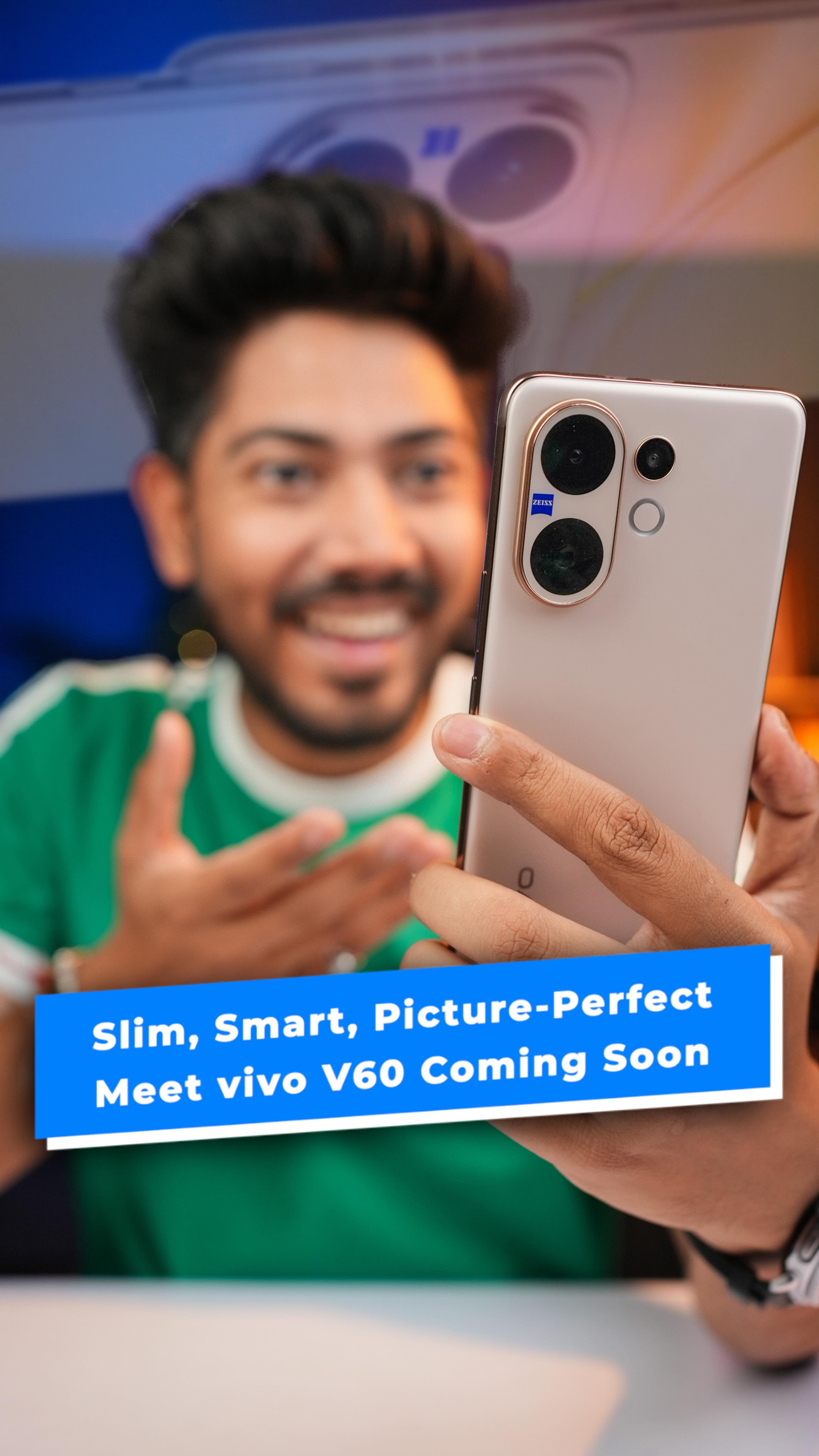 Instagram post by @itz_mohit_verma for Social Current India. Caption reads: The art of slim, the power of Zeiss — vivo V60....