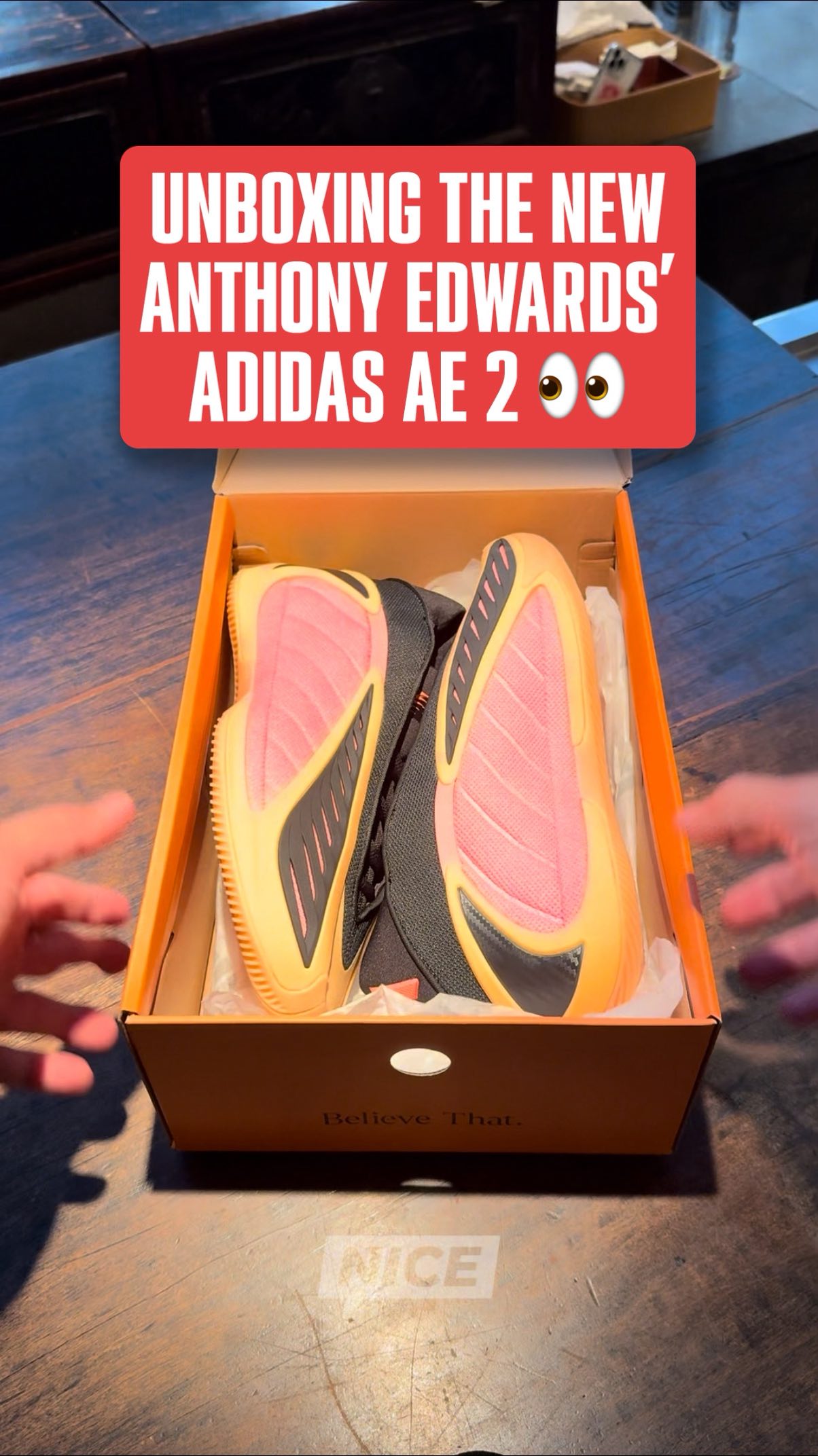 Instagram post by @edwardswave for Nice Kicks. Caption reads: An official look at Anthony Edwards’ new adidas AE....