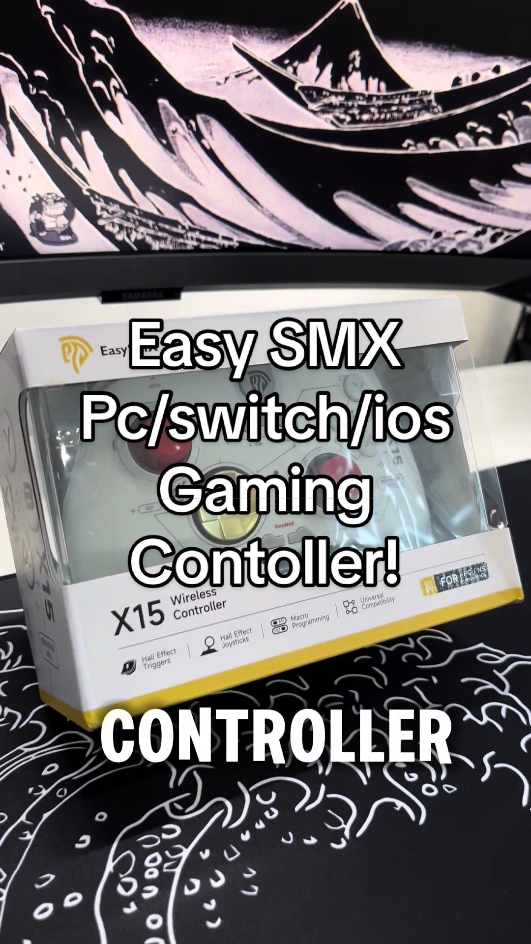 TikTok post by @kaw.tech for EasySMX. Caption reads: @EasySMX X15 Wireless Pc/Switch/android/ios [...].