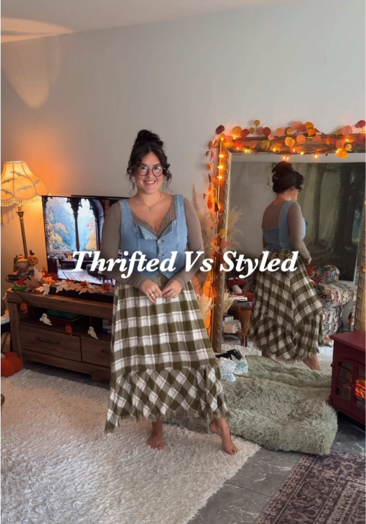 TikTok post by @thethriftwitch for Firmoo. Caption reads: The Deets: • Robe & nightie: thrifted • Skirt:....