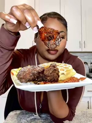 TikTok post by @eatsbytweeet for Truff. Caption reads: [...] breakfast! Chicken with the syrup and Truff....