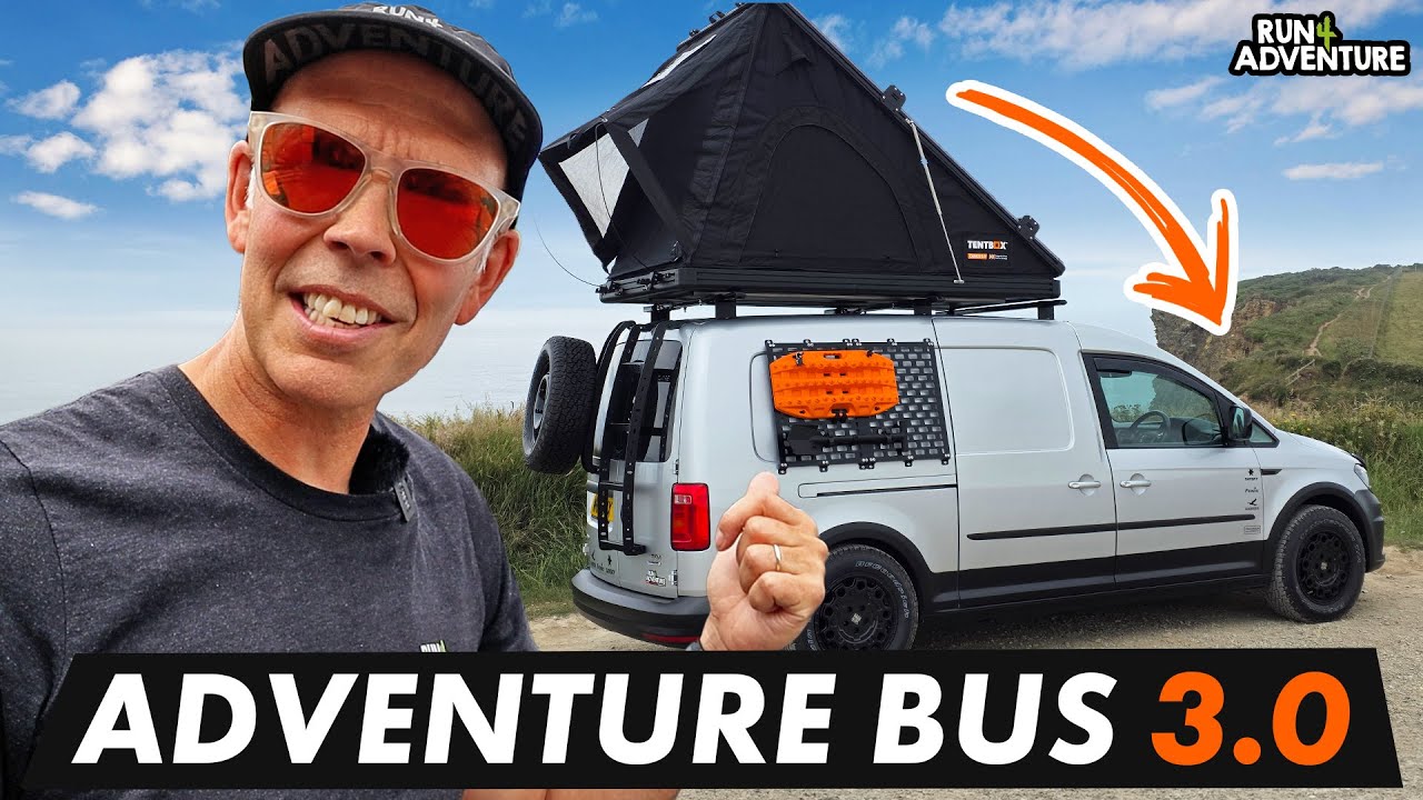 YouTube post by @Run4Adventure for SunGod. Caption reads: VW Caddy Maxi Camper Van Conversion – Our Ultimate....