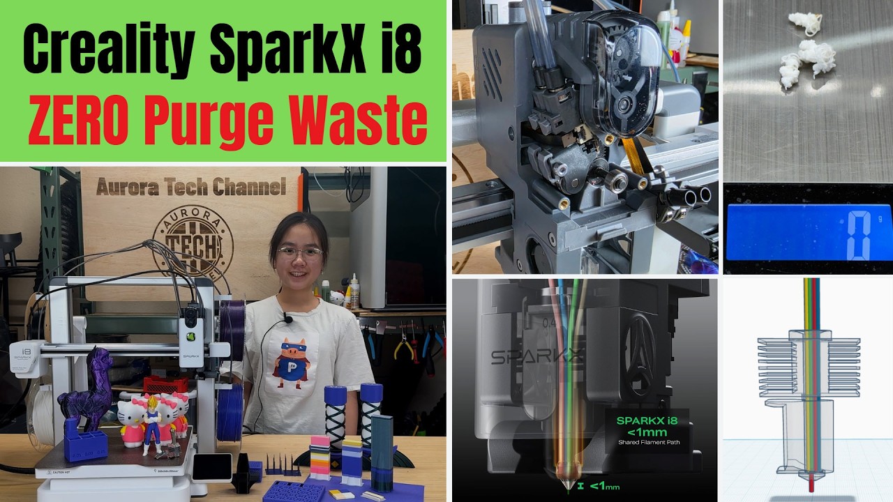 YouTube post by @AuroraTech for Thingiverse. Caption reads: Creality Spark X i8: The Zero-Purge Multicolor Bed....