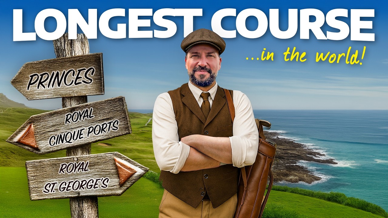 YouTube post by @peterfinchgolf for Huel. Caption reads: I take on the LONGEST golf course in the world....