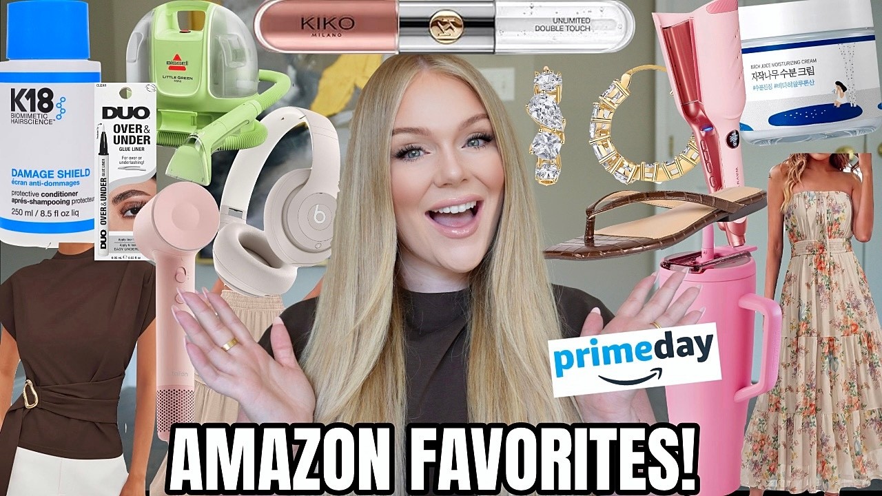 YouTube post by @KellyStrack for Grande Cosmetics. Caption reads: Amazon MUST HAVES You NEED Prime Day 2026 | Best....
