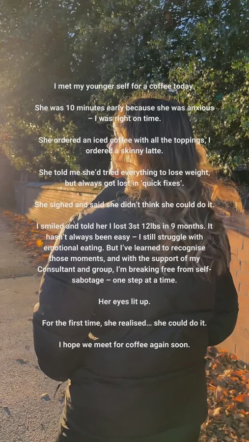 Instagram post by @amys_journeyx for Slimming World. Caption reads: I met my younger self for a coffee ☕️….