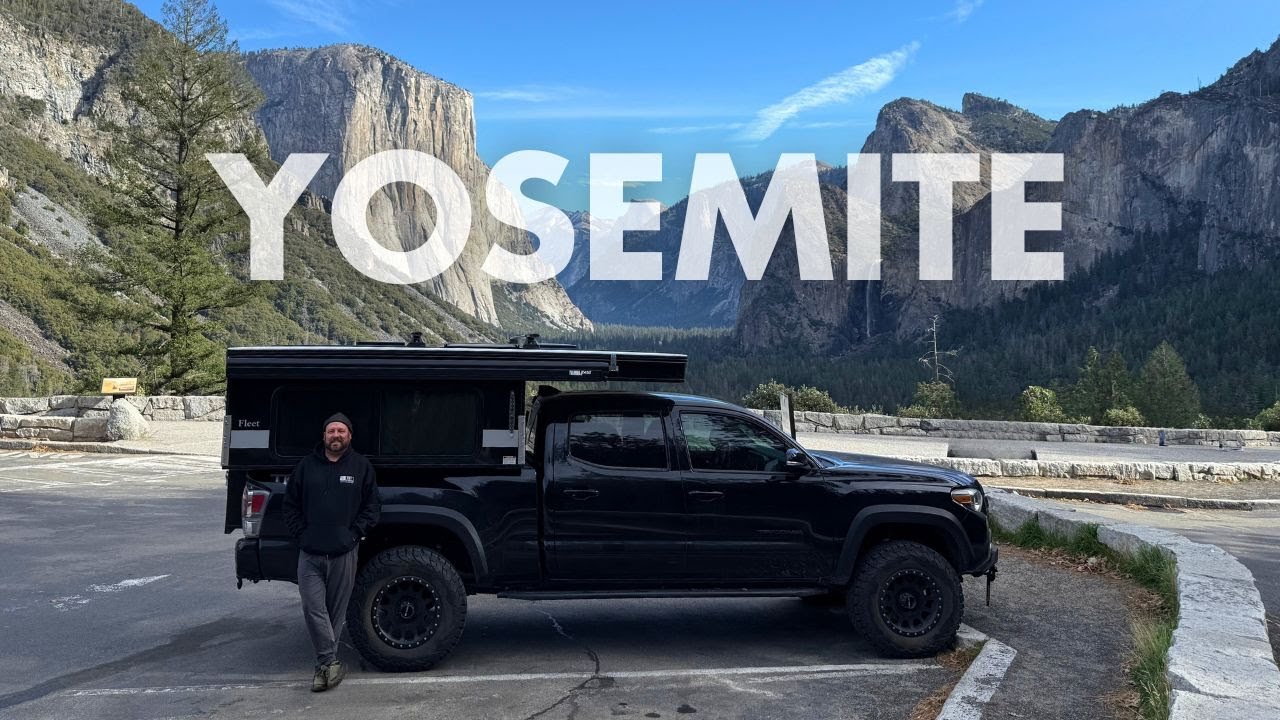 YouTube post by @AdventureOutThere for – ICECOFREEZER. Caption reads: Winter Truck Camping in Yosemite.