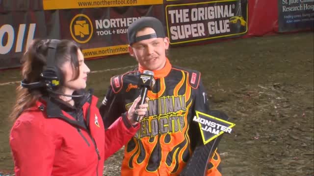 Instagram post by @send.it.motorsports for Monster Jam. Caption reads: [...] @BKT_Tires Overall Event Champion 🏆....