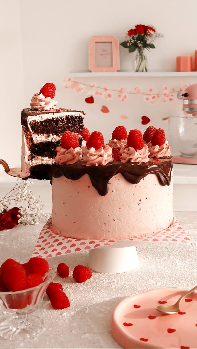 Instagram post by @thelittleblogofvegan for Food Network. Caption reads: Chocolate Raspberry Cake❤️ COMMENT ‘CAKE’ and I’ll....