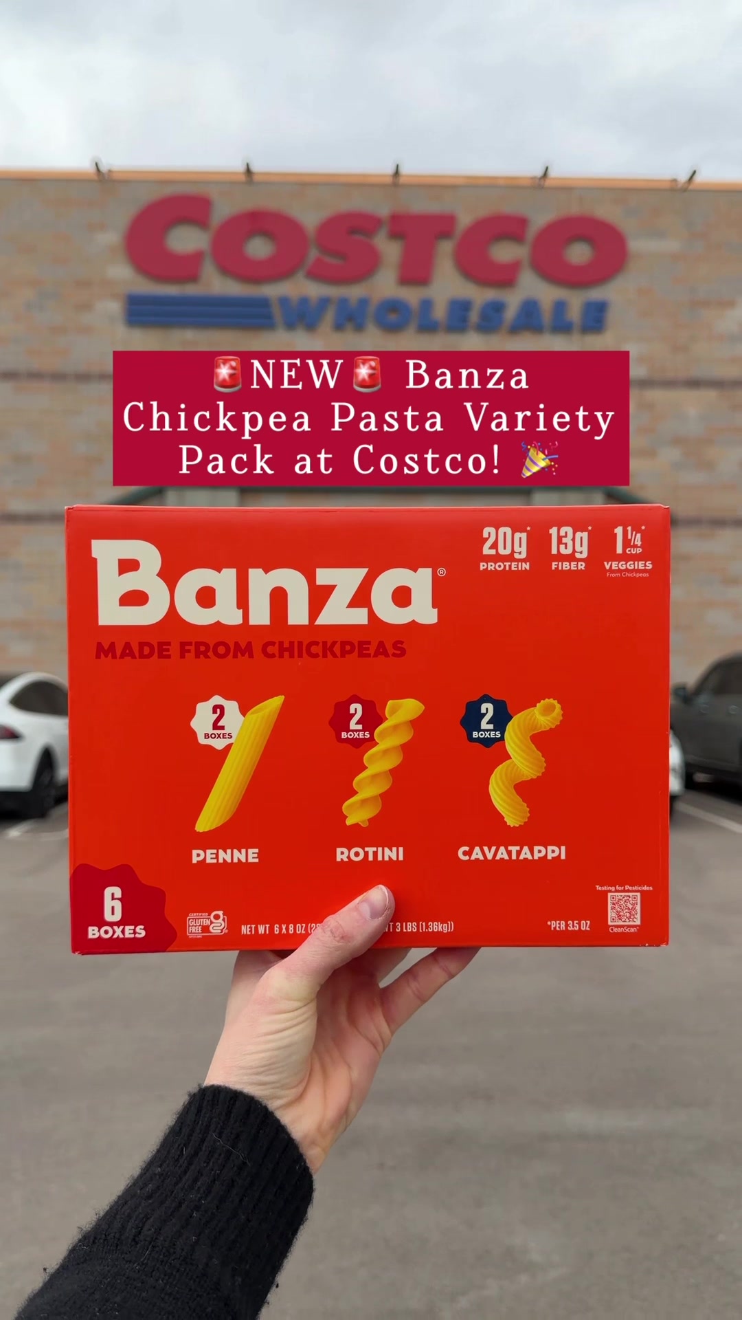 TikTok post by @costcofoodreviews for Banza. Caption reads: Big news… @Banza just launched their NEW Chickpea....