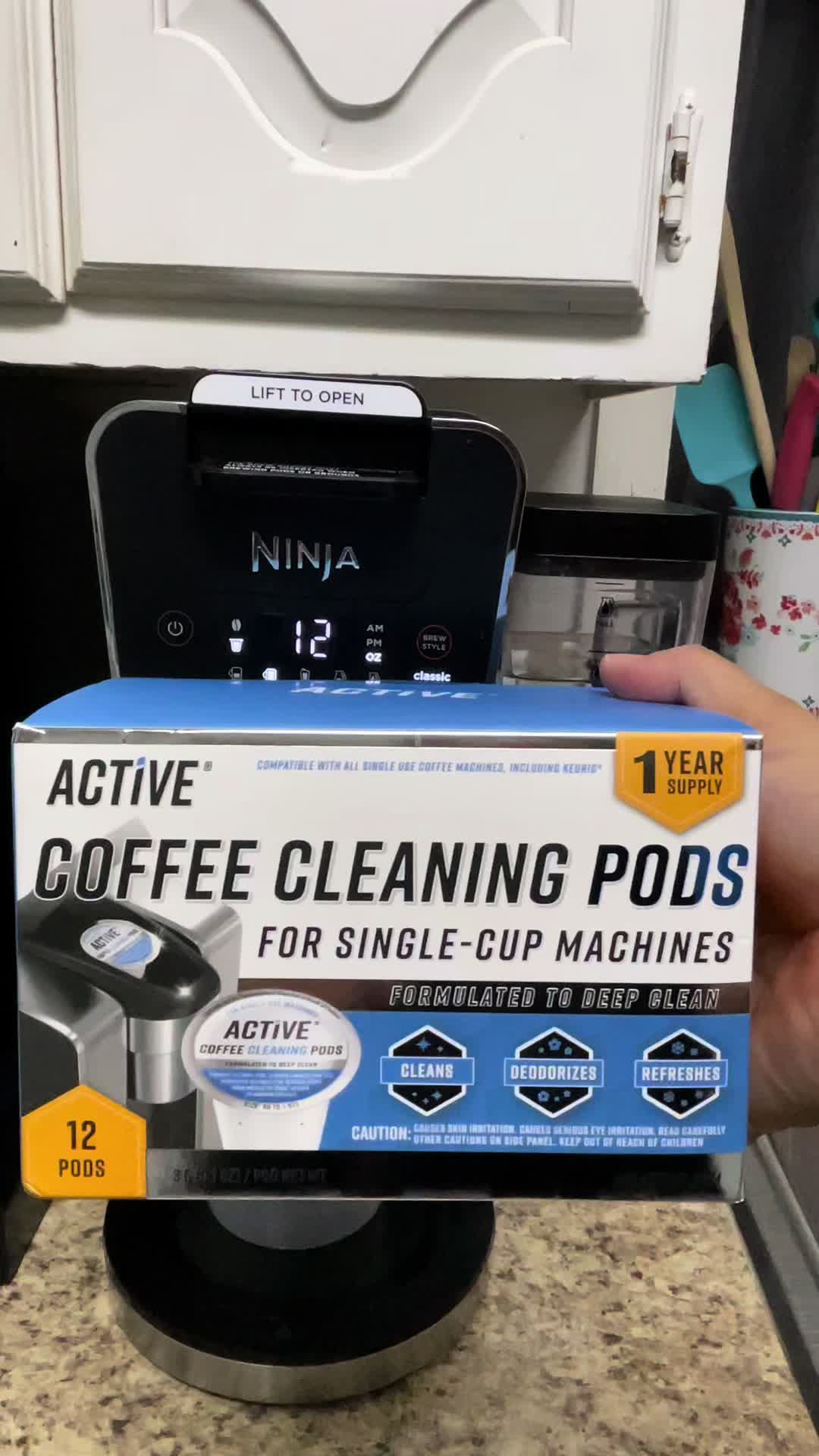 TikTok post by @pixiesnewlife for ACTIVE. Caption reads: ACTIVE K-Cup Compatible Keurig Cleaning Pods [...].