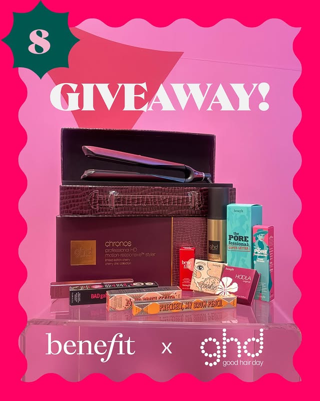 Instagram post by @ghdhairbenelux for Benefit Cosmetics. Caption reads: ✨ HOLIDAY GIVEAWAY ✨
@benefitbelgium &....