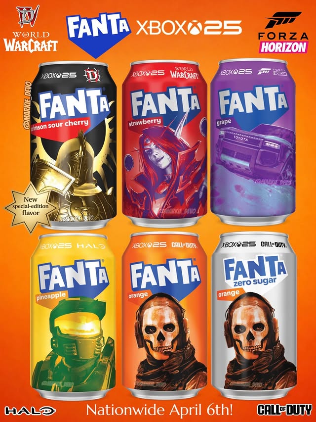 Instagram post by @markie_devo for Xbox. Caption reads: [...] are some cool cans! Fanta teamed up with....