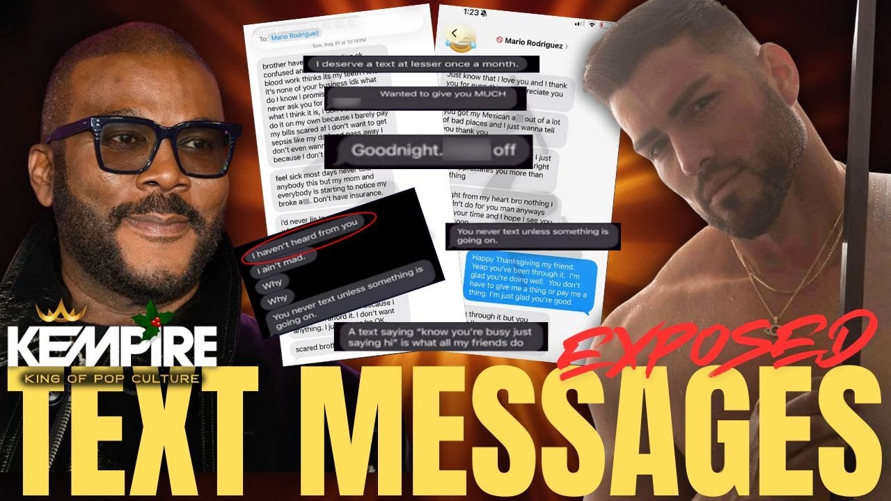 YouTube post by @Kempire for Buttah Skin. Caption reads: Tyler Perry Lawsuit Update: Alleged Text Messages....