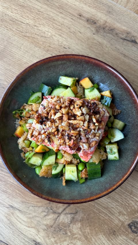 Instagram post by @chefboyar.ben for California Walnuts. Caption reads: what I eat after the gym, pt. 24 walnut crusted....