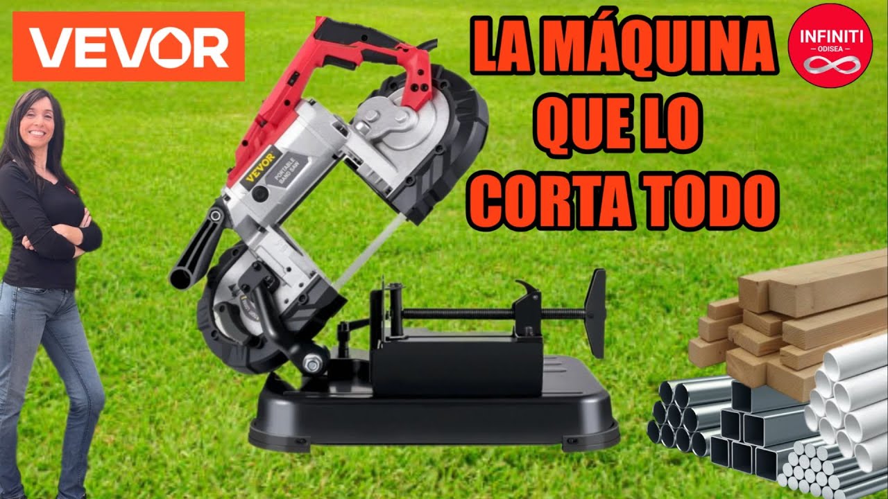 YouTube post by @Infiniti-rk7sl for VEVOR. Caption reads: VEVOR 1100W BAND SAW: REAL-WORLD TESTS AND FULL....