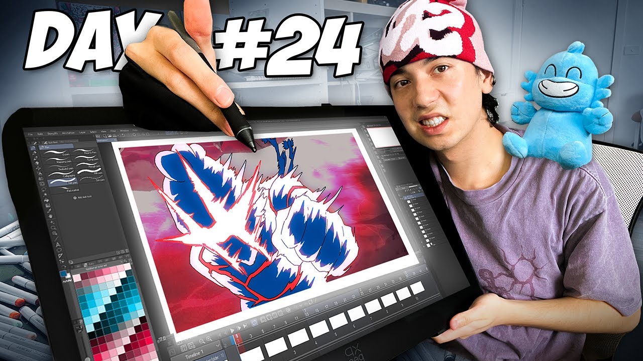 YouTube post by @Shrimpy for Displate. Caption reads: I Spent 30 Days ANIMATING this FIGHT SCENE!! 👀🎨....