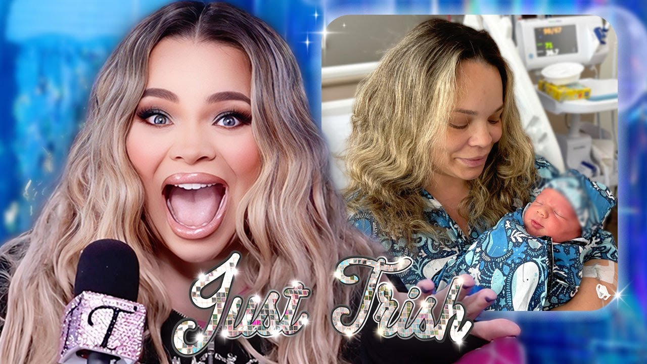 YouTube post by @justtrishpodcast for Wix. Caption reads: Trisha Gave Birth & FINALLY Reveals the Baby's....