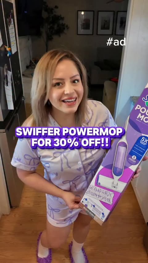 Instagram post by @brodiesaves for Swiffer. Caption reads: #ad #swifferpartner Grab your @swiffer PowerMop....