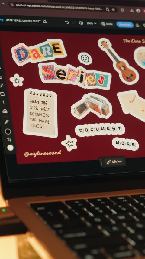 Instagram post by @mylenesmind for Adobe Photoshop. Caption reads: designed some lil stickers for ‘THE DARE SERIES’....