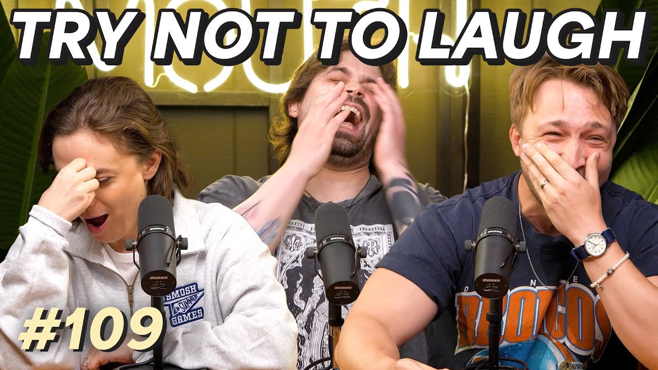 YouTube post by @smoshcast for Smalls. Caption reads: Try Not To Laugh: The Podcast w/ Angela & Damien |....