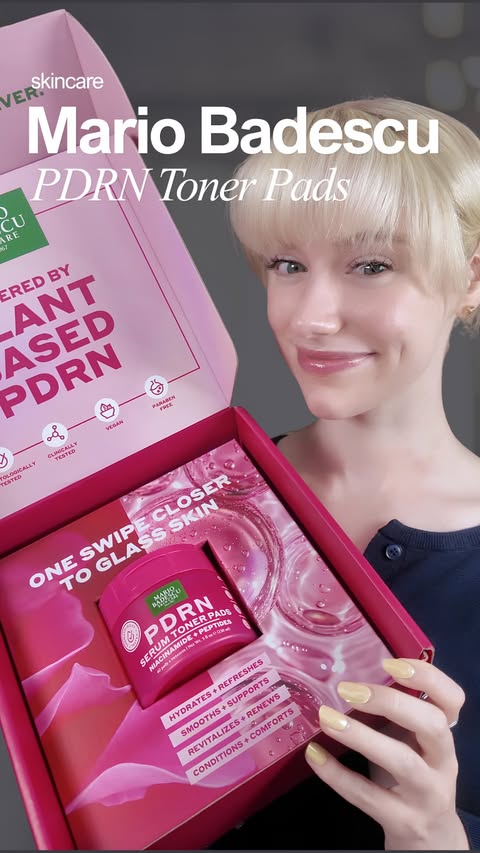 Instagram post by @thesarahbiar for Mario Badescu. Caption reads: [...] the NEW PDRN Serum Toner Pads from....
