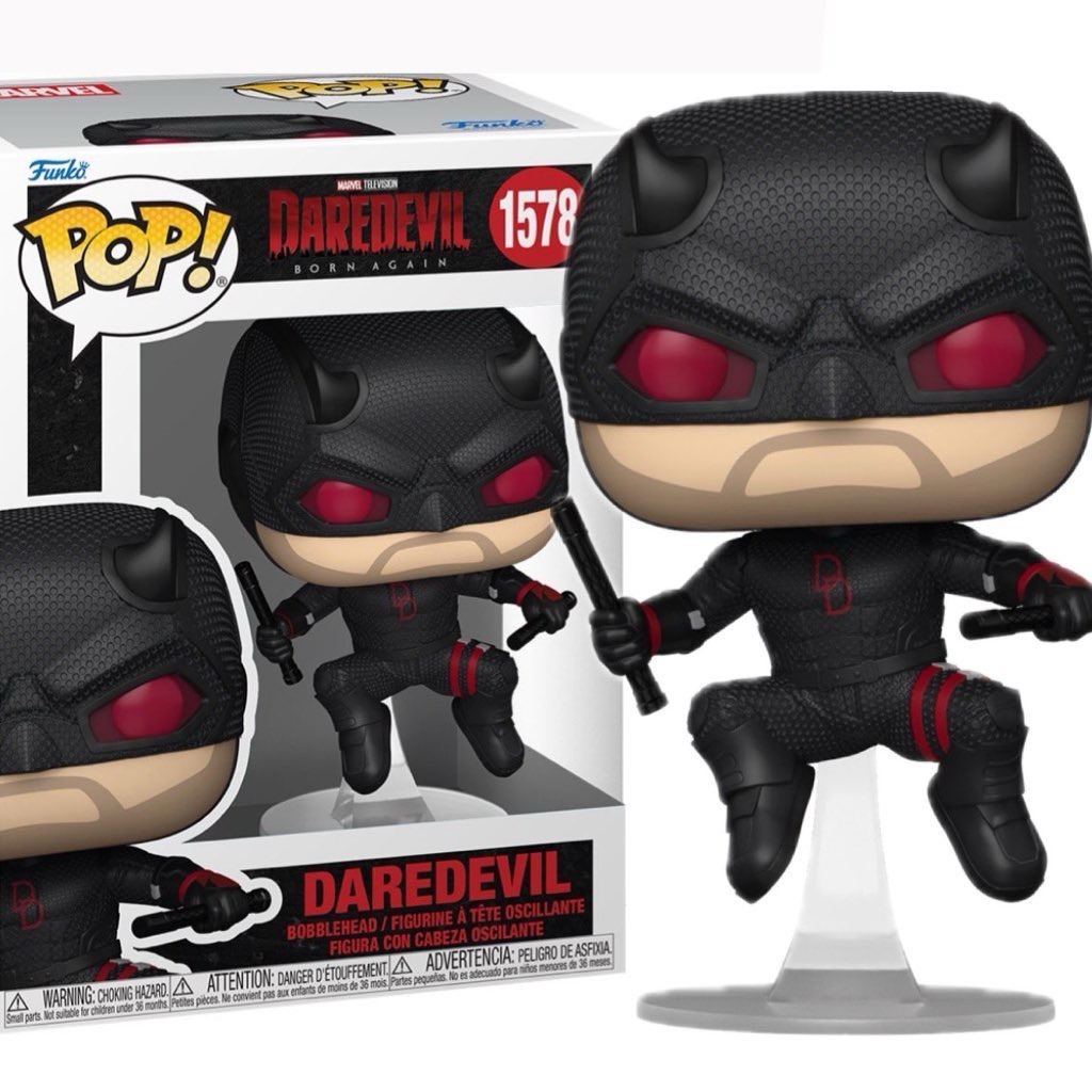 Instagram post by @funkopopsnews for Funko. Caption reads: First look! Daredevil Funko POP! From Born Again....