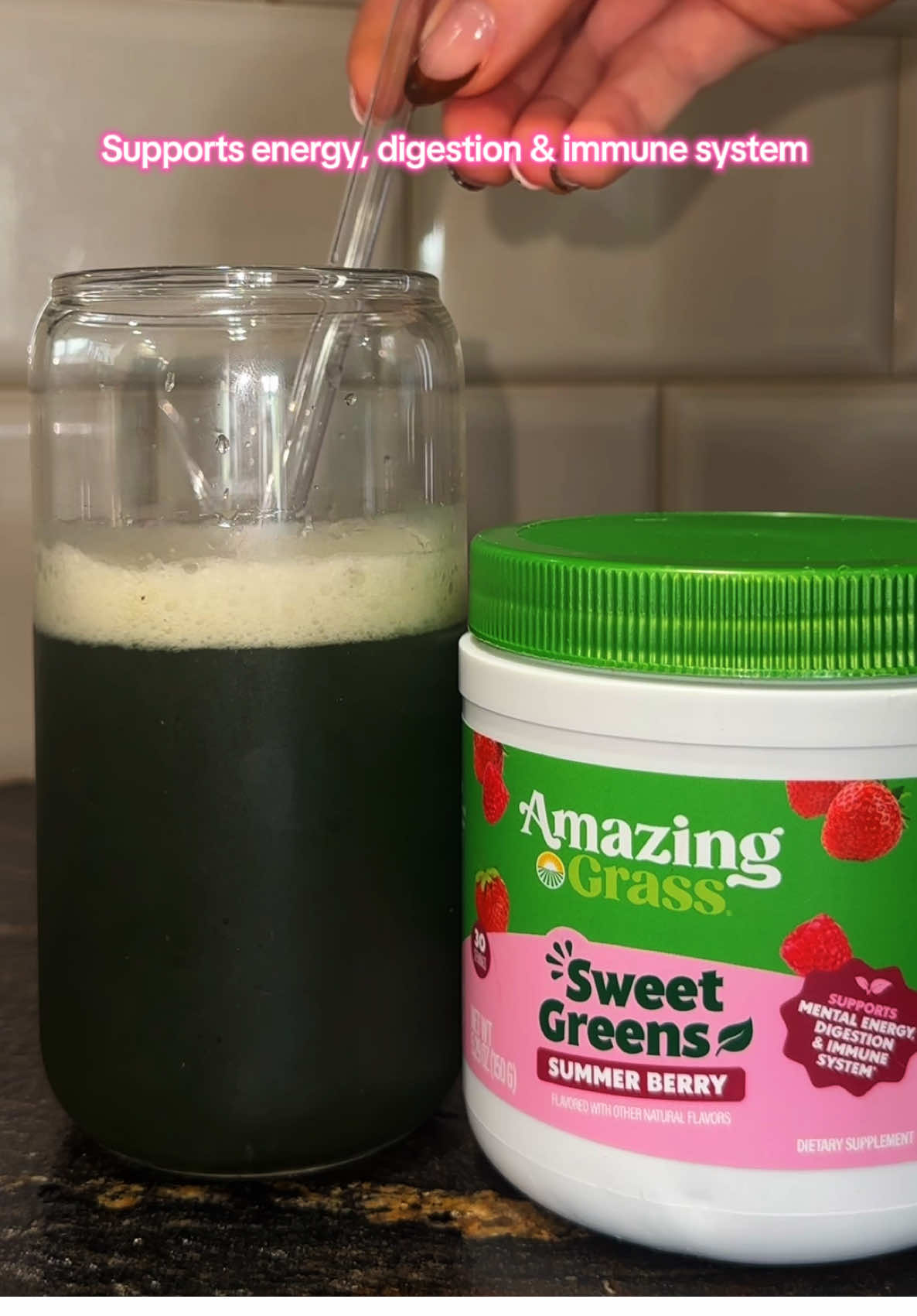 TikTok post by @emmadunhamm for Amazing Grass. Caption reads: [...] #morningroutine #healthandwellness @Amazing....