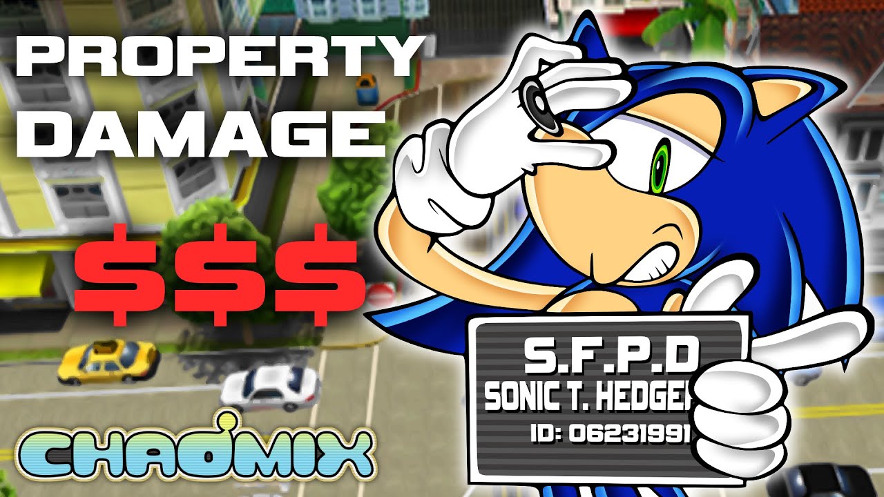 YouTube post by @chaomix for Immieats. Caption reads: How much PROPERTY DAMAGE does Sonic cause in City....