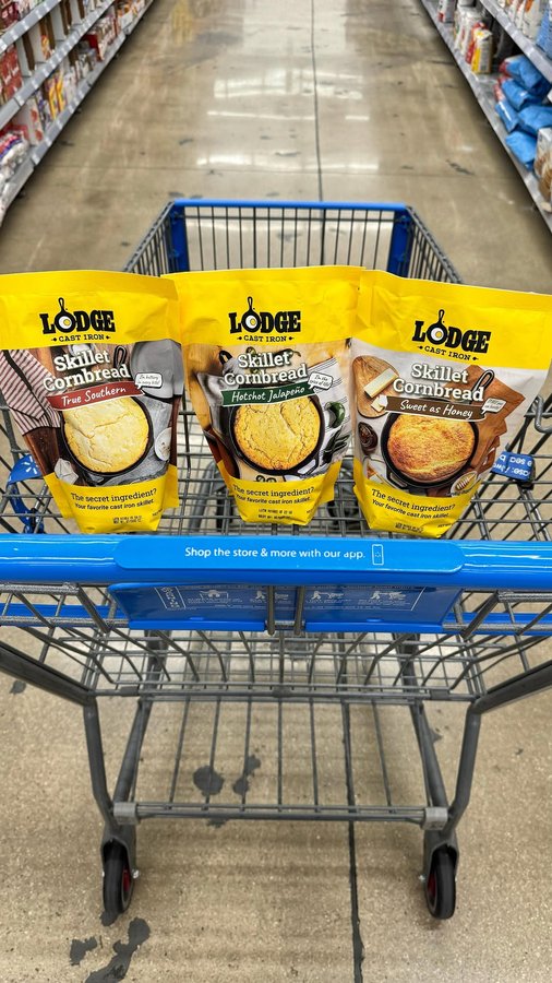 Instagram post by @walmartfavs for Lodge Cast Iron. Caption reads: #ad Cornbread dreams do come true, and it’s all at....