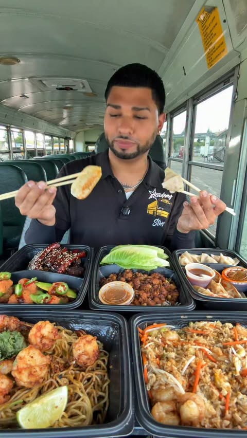 Instagram post by @noemurillo for P.F. Chang's. Caption reads: @pfchangs Takeout Mukbang on the Bus [...].
