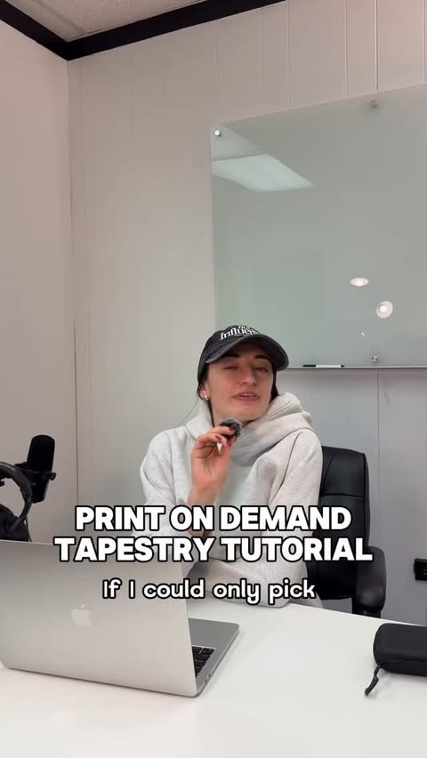 Instagram post by @katerobbllc for Printify. Caption reads: [...] 2026 👀 = indoor wall tapestries from....