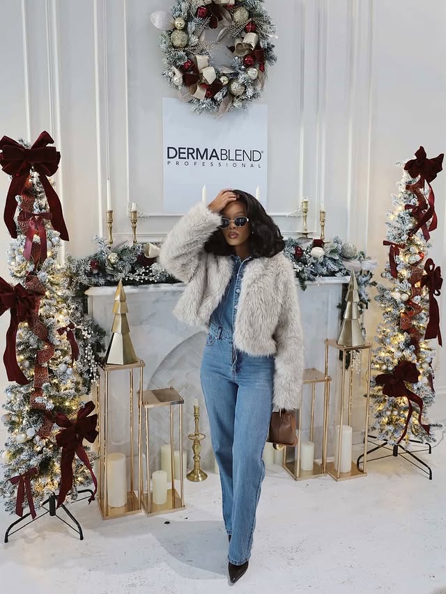 Instagram post by @lwethu_mcusi for JustFab. Caption reads: [...] Experience with @dermablendpro 🎄 

Outfit |....