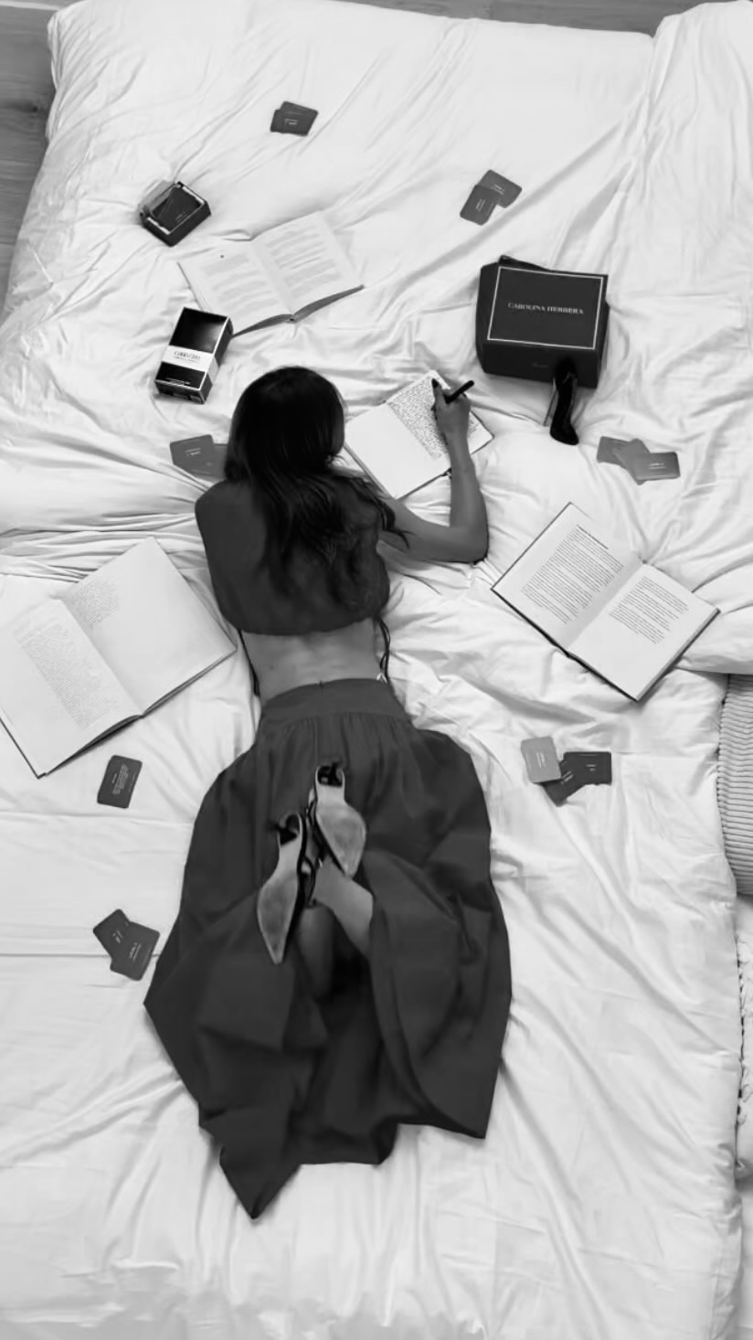 Instagram post by @madie for Carolina Herrera. Caption reads: Becoming the girl I always wrote about.....