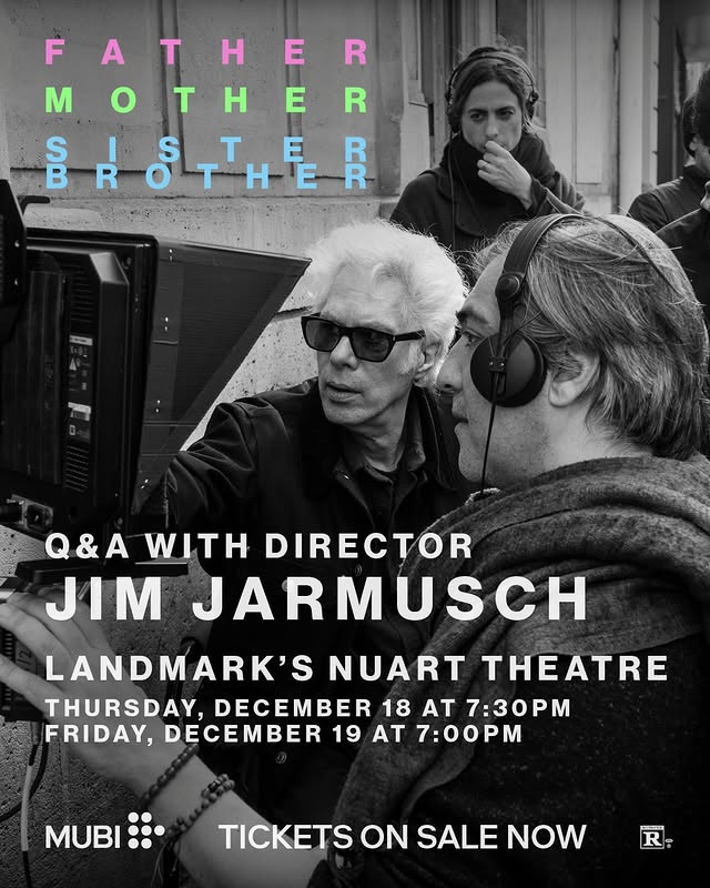 Instagram post by @jim.jarmusch for MUBI. Caption reads: Don’t miss Q&As with FATHER MOTHER SISTER BROTHER....