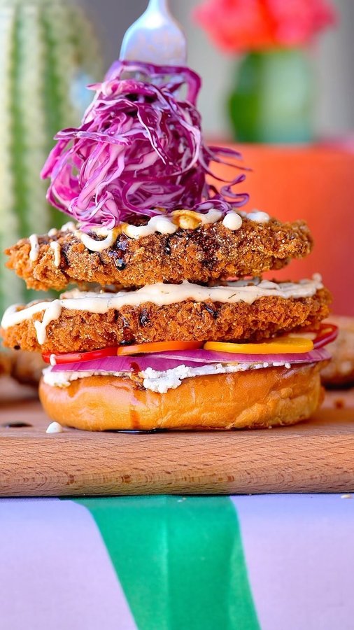 Instagram post by @turnipvegan for North Spore. Caption reads: [...] Pink Oyster Fish(less) Sandwich....