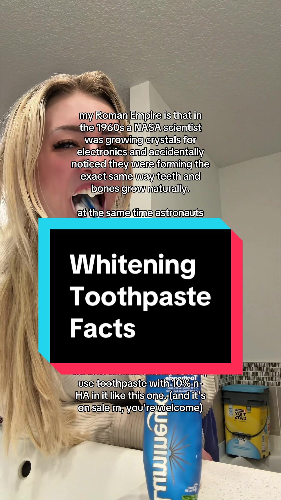 TikTok post by @ugcbyhay for Lumineux. Caption reads: [...] this is INSANE 😳 #whiteningtoothpaste....